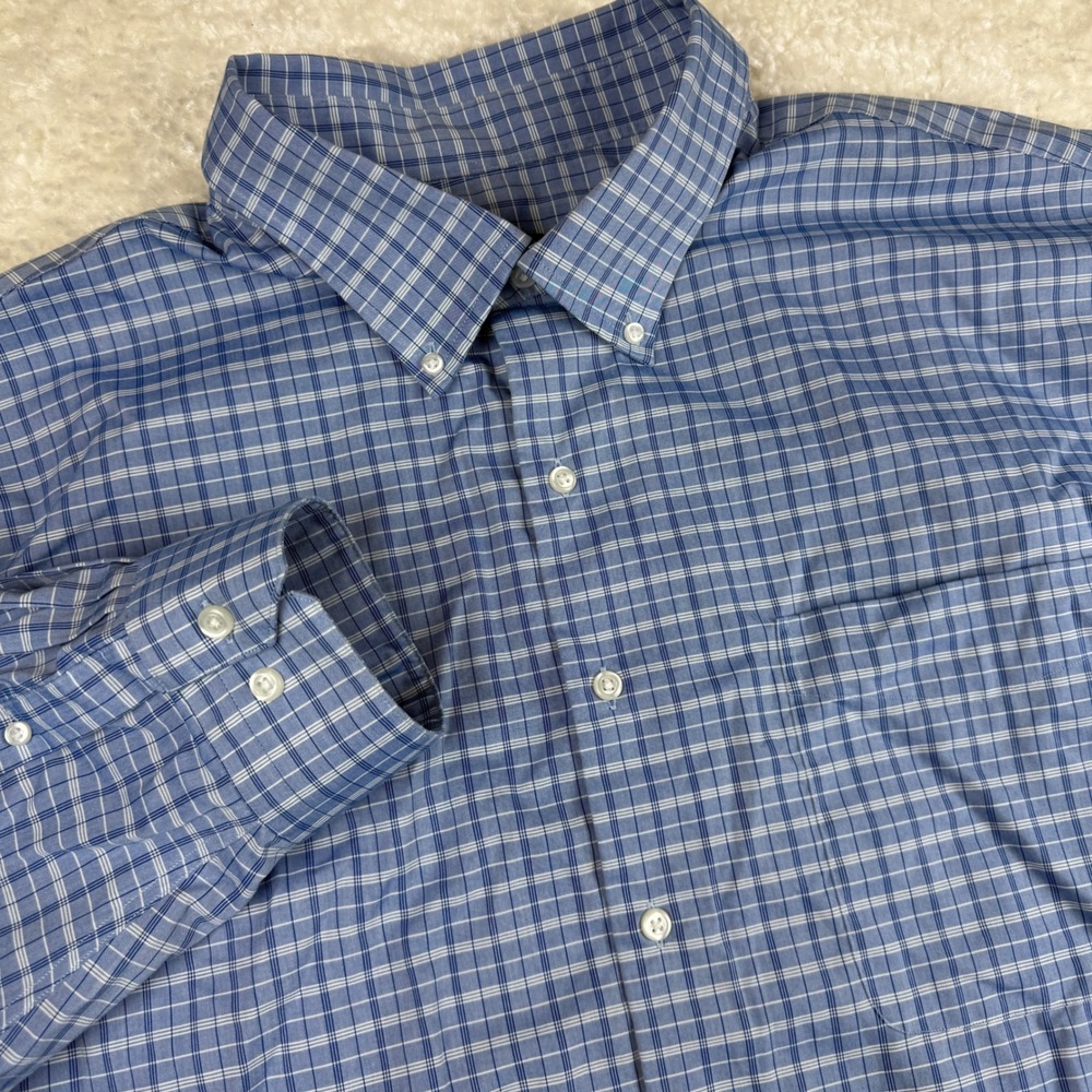 Oak Hill Button Down Mens 20 36/37T Blue Plaid Supima Cotton Non-Iron Shirt